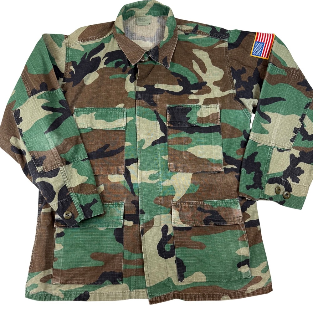 Military Surplus Woodland Camo BDU Field Jacket Medium Regular Ripstop US Flag